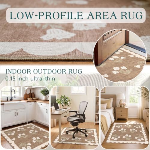 3x3 Square Entryway Rug - Non-Slip Washable Front Door Mat Indoor Outside Entrance Small Porch Rug Tan Neutral Floral Scalloped Throw Rugs for Entryway Kitchen Bedroom Office Front Porch Decor