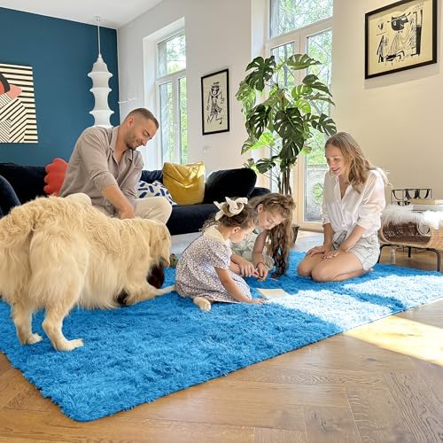 OLANLY 2x6 Machine Washable Runner Rugs for Hallway, Soft Fluffy Shaggy Bedside Rugs for Bedroom, Living Room, Indoor Floor Carpet for Kids Girls and Boys, Home Decor Aesthetic, Bright Blue