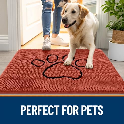OLANLY Dog Door Mat for Muddy Paws 30x20, Paw Print Design Chenille Mud Mat