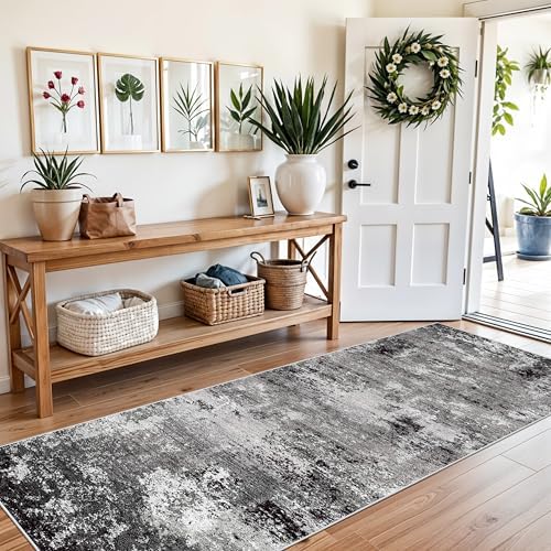 3x8 Washable Hallway Runner Non-Slip Abstract Modern Neutral Wide Carpet Runner for Kitchen Floor, Entryway, Bedroom, Living Room Soft Low-Pile Thin Rubber Backing (Black Grey, 3x8)