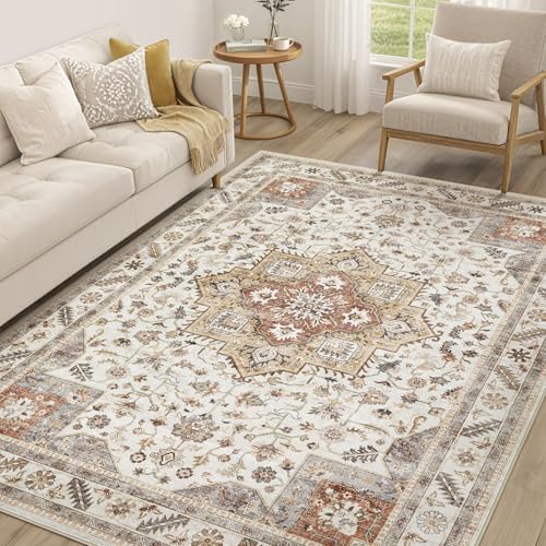 cotiled 7x9 Area Rug for Living Room, Washable, Traditional, Golden Taupe