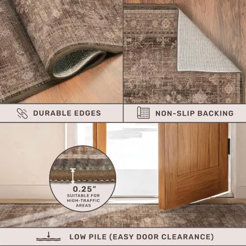 Brown Washable Long Runners for Hallways, 2'6"x12' Wide Kitchen Runner Rug, Entryway Indoor Rug, Non Slip Rubber Backing Boho Vintage Dark Floor Decor