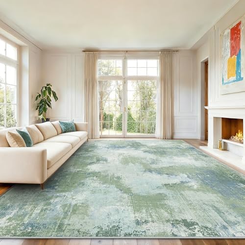 Amada Washable 10'x14' Abstract Area Rug for Living Room Green