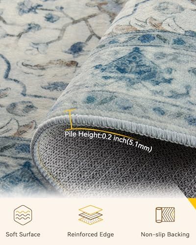 RELEANY Washable Area Rug, 4'x5', Blue/White/Gray
