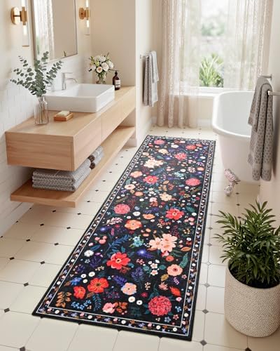 Macgace Floral Area Rug for Kitchen, Washable 2x6 Black Runner Rugs