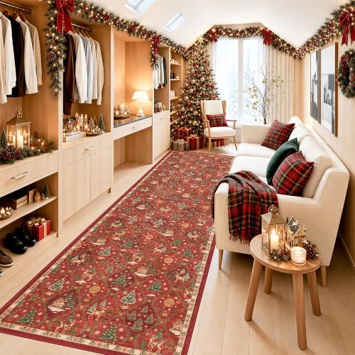 Christmas 3x10 Runner Rugs for Hallway, Red Non Slip Washable Kitchen Rug