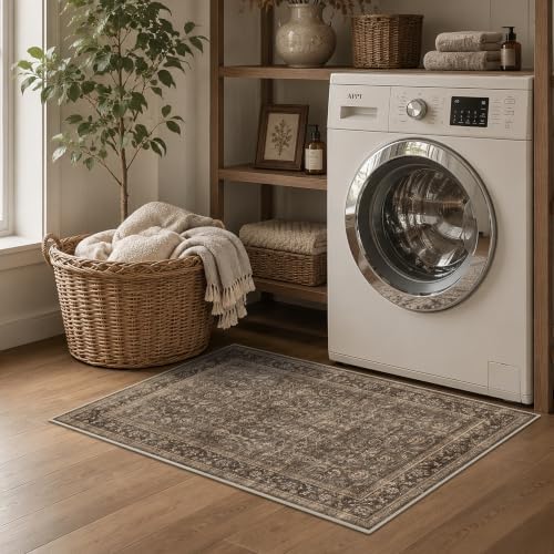 JOOJA 6x6 Dark Brown Vintage Low Pile Washable Boho Round Living Room Rug