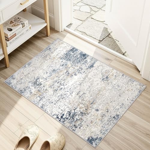 DMOYEST 2x3 Entryway Area Rug Washable Abstract Beige Blue Small Carpet