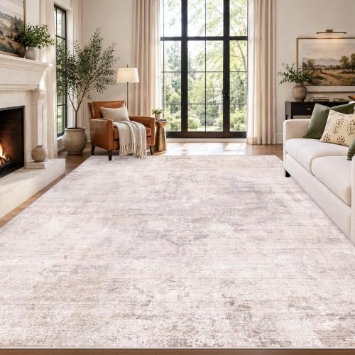 Pink Mauve and Grey Living Room Rug 8x10 - Modern Distressed Medallion Area Rug for Dining Room Under Table, Bedroom, Washable Non Slip High Traffic Low Pile Thin Floor Carpet, Distressed Design