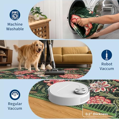 GarveeHome Forest Green Floral Botanical 2x6 Washable Kitchen Runner Rugs Non Slip Vintage Boho Cottage Long Rug for Hallways Bedroom Entryway Bathroom Mat with Rubber Back