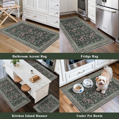 Kitchen Rugs 3 Piece Set, Washable Non-Slip Farmhouse Kitchen Mats for Hardwood Floor, Rustic Floral Boho Runner Rug for Sink,Entryway & Hallway & Bathroom (Dark/Green/Floral,2x3-2x4-2x5)
