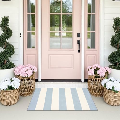 Front Door Mat Indoor Outside Entrance, 2x3 Blue White Striped Rug