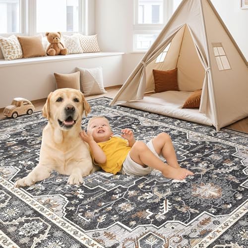 cotiled 9x12 Area Rug for Living Room, Washable, Traditional, Black
