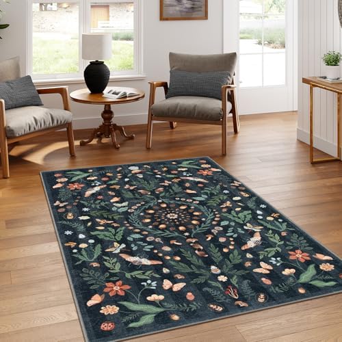 Lahome Washable Insect Botanical 5x7 Area Rugs for Nursery - Machine Washable Non-Slip Black Bedroom Rug, Boho Low Profile Soft Faux Wool Carpet for Living Room Laundry Playroom Dining Room