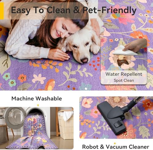 Floral Washable 2x10 Area Rugs Runner Entryway Hallway Purple/Pink