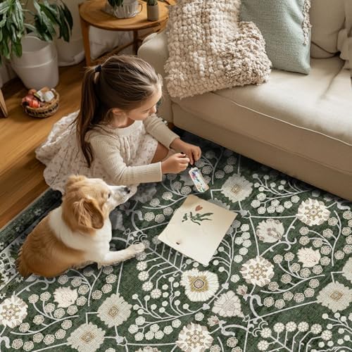 Non-Slip Runner Rug 2x6 for Kitchen: Carpet Runners for Hallway 6ft Washable Floral Boho Low Pile Soft Dark Green Rugs - Botanical Indoor Mats for Entryway Laundry Bedroom Bathroom