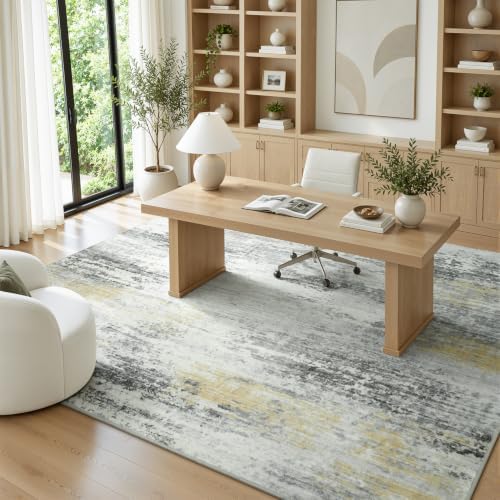 8x10 Area Rug for Living Room, Abstract Washable Non-Slip Rugs,Gold Ivory