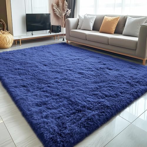 OLANLY 7x12 Machine Washable Large Area Rugs for Living Room, Bedroom, Soft Fluffy Shaggy Bedside Rug, Indoor Floor Carpet for Kids Girls and Boys, Dorms, Nursery, Home Decor Aesthetic, Navy Blue