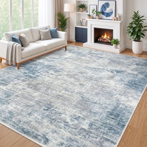 IOHOUZE Abstract Area Rugs 9x12 Ft Washable Large Rugs for Living Room, Non Slip Dining Room Rug, Printed Faux Wool Rugs for Bedroom, Floor Carpet for Office Nursery Playroom, Light Blue Grey