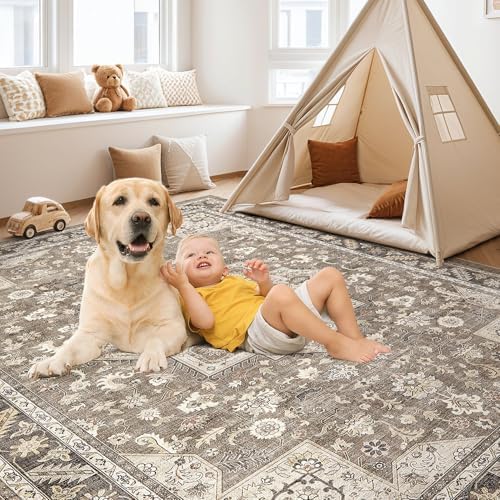 cotiled 8x10 Area Rug for Living Room, Washable, Traditional, Brown