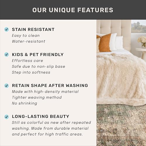 Washable 2x10 Long Non Slip Runner Rugs for Hallway, Farmhouse Green Brown Kitchen Rugs with Rubber Backing, Vintage Indoor Floor Mats for Entryway, Neutral Medallion Abstract Décor, Distressed Design