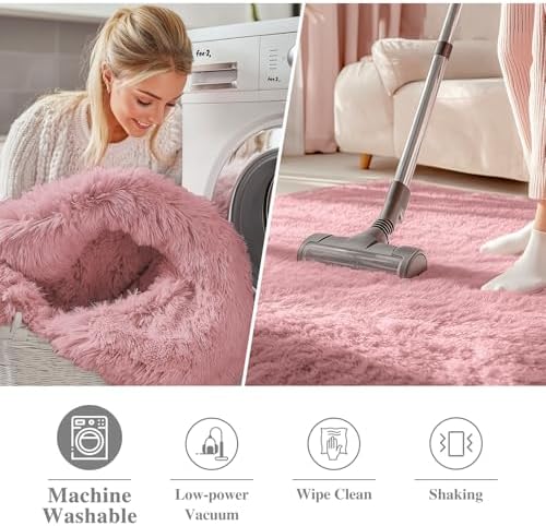 OLANLY Pale Pink Round Rugs for Bedroom - Machine Washable, 4 ft Circle Area Rugs for Living Room, Soft and Fluffy Shaggy Carpet for Teen Girls and Boys, Nursery Rooms, Dorms, Home Decor Aesthetic
