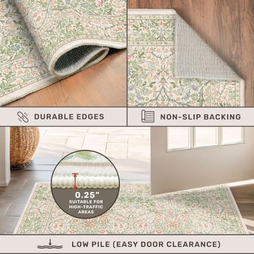 Washable Beige Green 5x8 Area Rug for Living Room, Large Entryway, Kids Room, Boy Bedroom, Playroom - Vintage Oriental Rug Low Pile Non Slip & Stain Resistance (5x8 Beige Green)