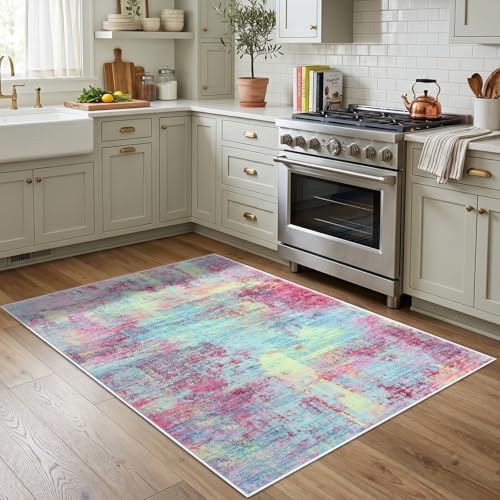 IOHOUZE Abstract Area Rug 4x5 Ft Washable Rugs for Entryway Indoor, Non Slip Small Living Room Rugs Printed Faux Wool Throw Rug, Floor Carpet for Kitchen Nursery Playroom, Pink Teal