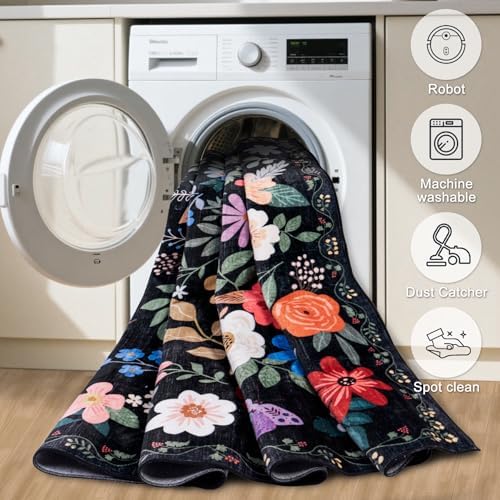 PLHXFR Area Rug 10x14 Living Room: Floral Washable Boho Soft Carpet Black