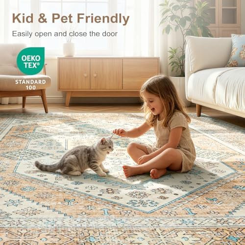Lofus Living Room Rugs 5x7, Boho Orange and Beige Washable Carpet