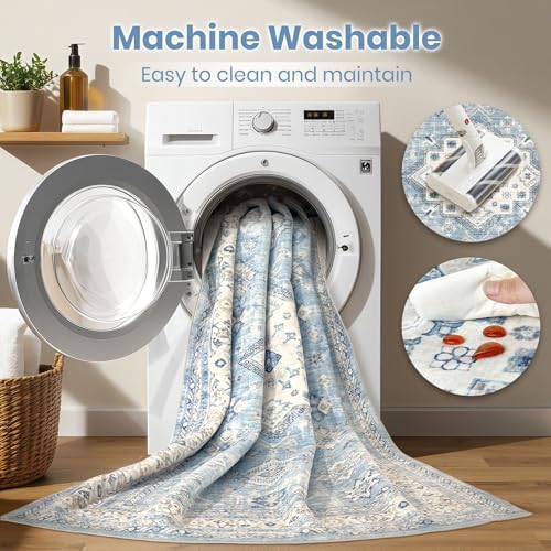 cotiled 5x7 Area Rug for Living Room, Washable, Traditional, Blue