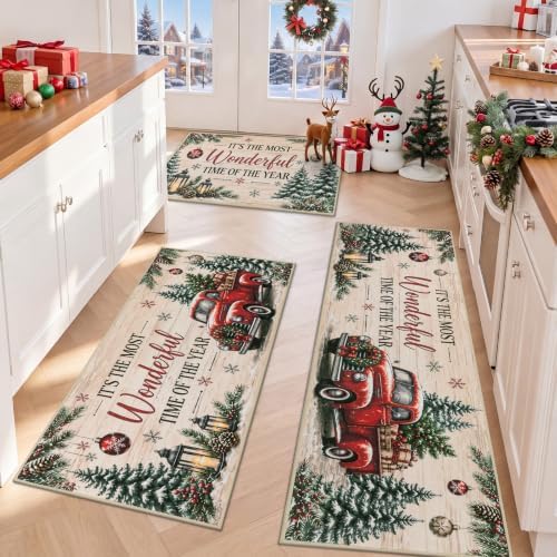 HEBE Christmas Kitchen Rugs Set of 3, Beige Washable Kitchen Mats for Floor