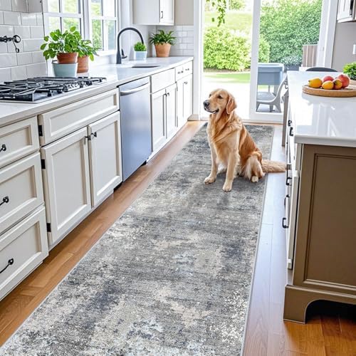3x12 ft Non Skid Hallway Runner Rug - Long Washable Stain Resistant Low Pile Thin Carpet Runners for Kitchen Entryway Bathroom,Modern Abstract Neutral（Blue Grey,3x12）