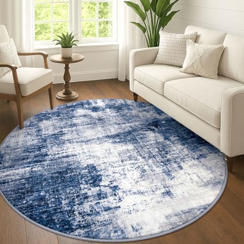 IOHOUZE Abstract Round Area Rug 6 Ft Washable Circle Rugs Large Round Rug Non Slip Thin Soft Circle Rugs, Printed Faux Wool Floor Carpet for Bedroom Living Room Dining Room Nursery, Navy/Grey