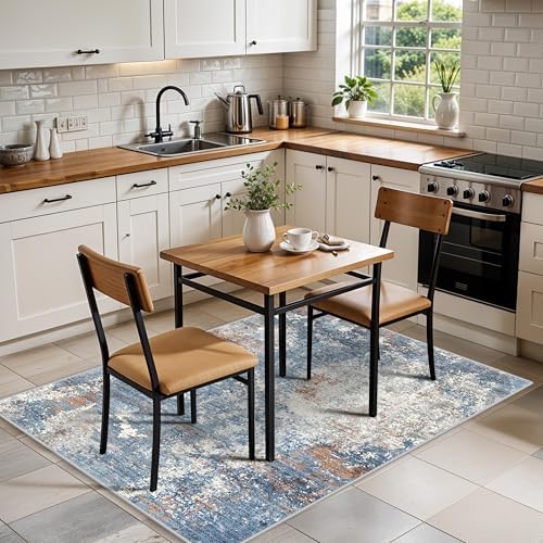 3x5 Washable Kitchen Rug – Non-Slip Rubber Backed Small Area Rug for Entryway, Bedroom, Living Room, Office – Soft Low-Pile Thin Modern Abstract Neutral Door Mat （Blue Rust,3x5）