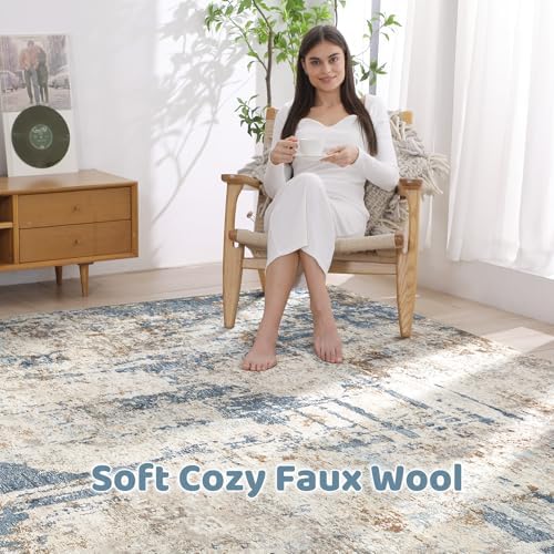 LOONGRUG 4x6 Area Rug Machine Washable Neutral Modern Rugs Blue Tan