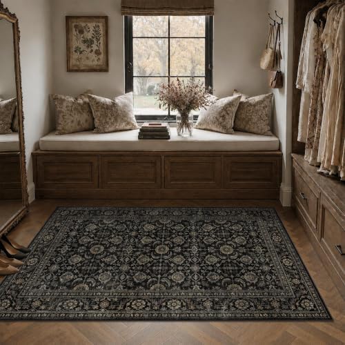 JOOJA 3x5 Black Gold Vintage Washable Area Rug Non Slip Indoor Entryway Rug