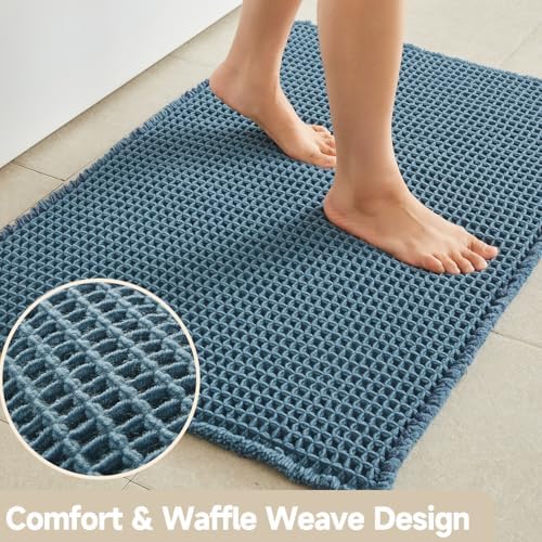 TYUU Waffle Runner Rug Bathroom, Long Boho Bath Mat, 60x24 Denim Blue