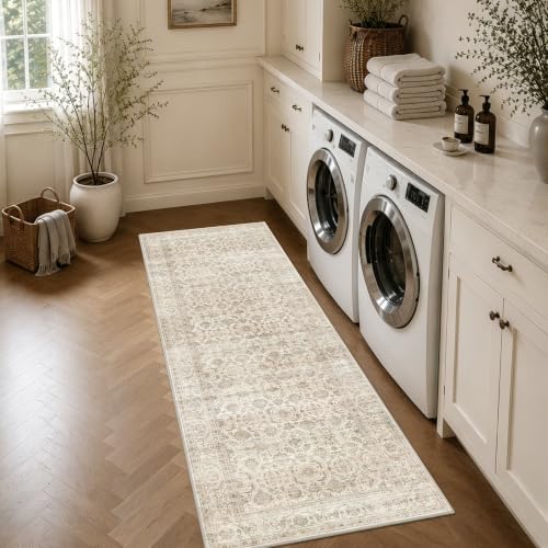 JOOJA 2'6"x8' Vintage Boho Runner, Beige Washable Non-Slip Long Hallway Rug