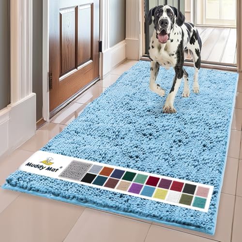Muddy Mat® | Super Water Absorbent Door Mat Indoor, Microfiber Quick Dry Chenille Entryway Rug, Slip Resistant Front Door Mat, Indoor Mats for Entryway, Machine Washable Pet Rug, Sky Blue 36" x 120"