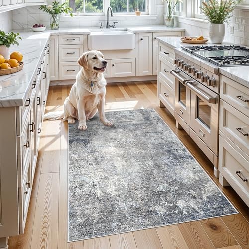 3x4 Washable Entryway Rug – Non-Slip Modern Abstract Small Area Rug for Kitchen, Bedroom, Bathroom – Soft Low-Pile Thin Indoor Door Mat （Blue Grey,3x4）