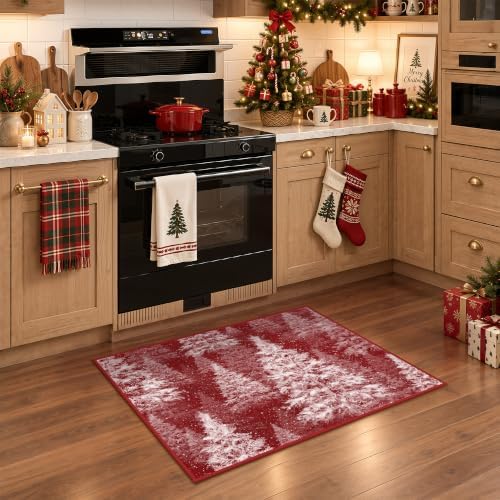 Madane Christmas Rug 2x3 for Entryway, Washable Xmas Tree Soft Door Mat Red
