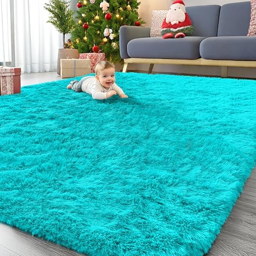 OLANLY 9x12 Machine Washable Large Area Rugs for Living Room, Bedroom, Soft Fluffy Shaggy Bedside Rug, Indoor Floor Carpet for Kids Girls and Boys, Dorms, Nursery, Home Decor Aesthetic, Teal Blue
