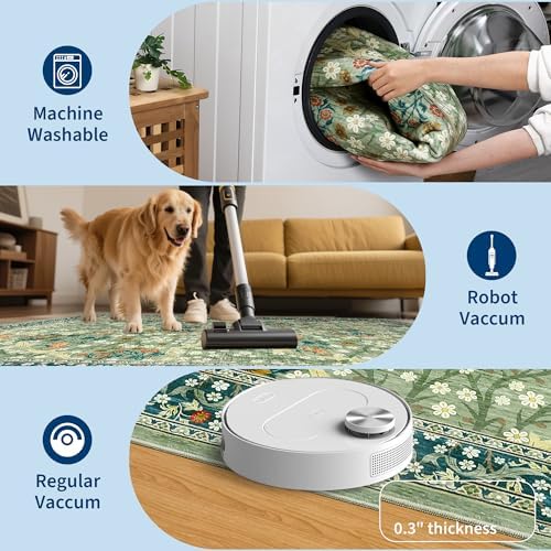 GarveeHome 6x9 Washable Area Rug for Living Room, Floral Dining Room Rugs for Under Table, Low Pile Non-Slip Stain Resistance Floor Carpet for Bedroom, Sage Green