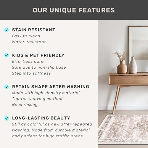 Hazo Haus Washable 3x12 Long Runner Rug for Hallway, Boho Waterproof Large Kitchen Floor Rug, Non-Slip Stain & Fade Resistant, Vintage Beige Floral Décor (3x12 Beige/Latte)