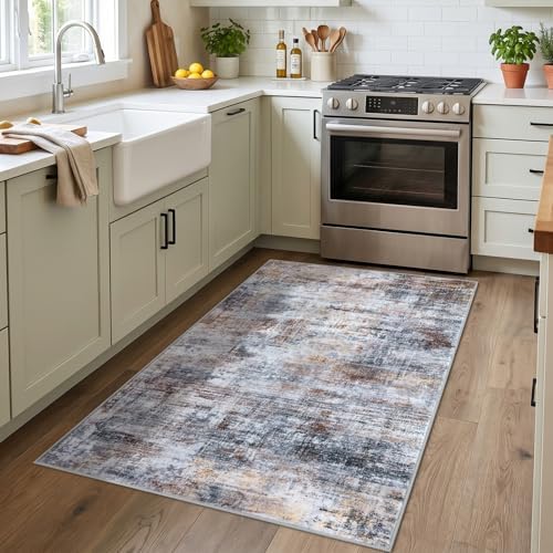 IOHOUZE Abstract Area Rug 3x4 Ft Washable Rugs for Entryway Indoor, Non Slip Kitchen Rug Printed Faux Wool Throw Rugs, Indoor Door Mat for Door Entrance Foyer Living Room, Orange Grey