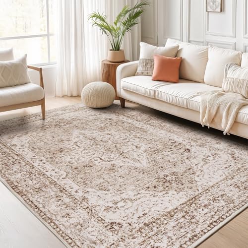 Lofus 5x7 Area Rugs for Living Room, Washable Area Rug, Rugs for Bedroom, Kitchen, Vintage Boho Carpet, Soft Non-Slip, Low Pile Large Area Rug for Office Dining Room, Vintage Beige Brown