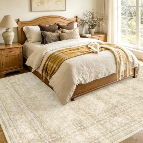 4x6 Ft Area Rugs for Living Room, Soft Non-Slip Machine Washable Rug, Vintage Stain Resistant Carpets for Bedroom Nursery Dining Room Home Decor (Beige)