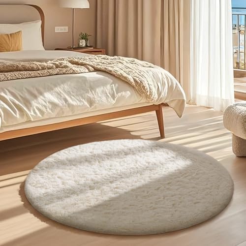 Ophanie Round Rugs 3Ft Ivory Circle Area Rug, Nursery Bedroom Carpet, Small Fluffy Fuzzy Plush Soft Shaggy Cream Living Room Christmas Aesthetic Decor for Kids Boys Girls Teen Baby Home, Dorm