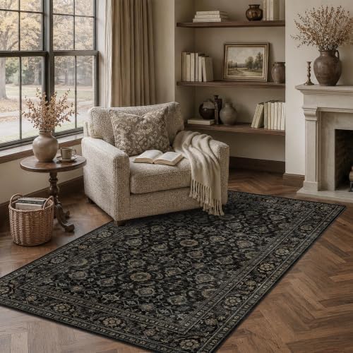 JOOJA 4x6 Black Gold Vintage Boho Soft Low Pile Indoor Washable Area Rug